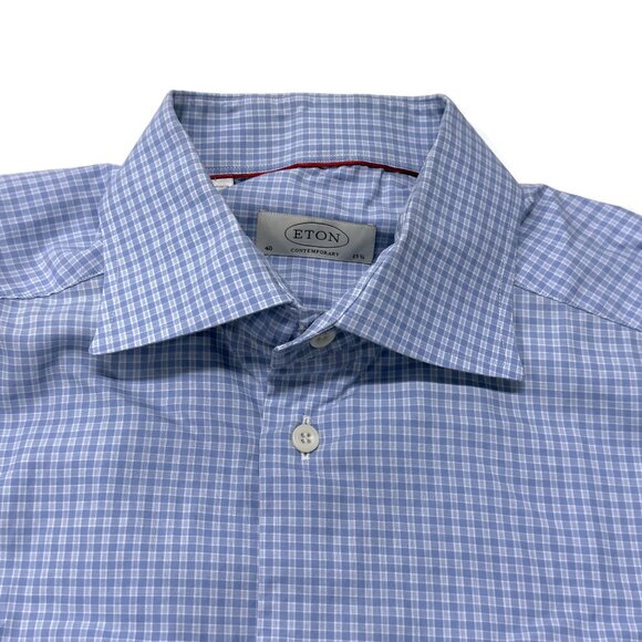Eton Button Up Shirt Mens 15.75 15 3/4 - 40 Medium Blue Check Long Sleeve Spread - Picture 4 of 9